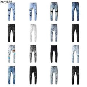 Designer Mens Jeans Hip-hop Fashion Zipper Hole Wash Jean Pants Retro Torn Fold Stitching Men Design Motorcycle Riding Cool Slim Pant Purple Jeans for Man Women