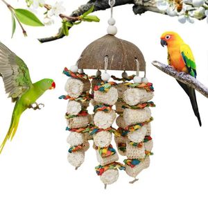Outros pássaros suprimentos de gaiola brinquedos de coco natural coco milho cob casca mastigação de brinquedo de pássaros pendurados periquitos coloridos brincando pássaros