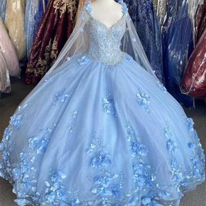 Light Sky Blue 2021 bollklänning Quinceanera klänningar Brudklänningar med Cape Sleeve Sweet 16 Dress Vestidos de XV A OS ANOS 239N