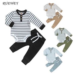 Kläderuppsättningar Ruewey nyfödda babybyxor Set Spring and Autumn Clothing Långärmad randiga täta kläder och byxor Set Baby Pantl2405