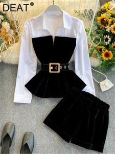 Womens Two Piece Pants DEAT Spring Long Sleeve Patchwork Velvet Size Small Tops With Belt High Waist Shorts Set Women MH334
