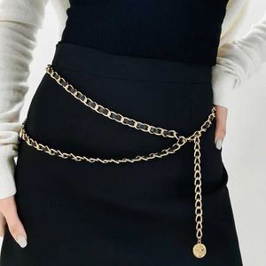 Taillenkettengürtel Damen Schwarz und Gold Doppel Taille Kette Haute Couture Kleid mit Metallkante enge Kleidung elegant warmes Accessoires Q240511