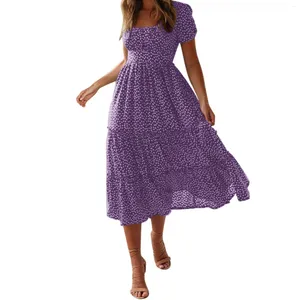 Lässige Kleider Purpur Frauen Sommerkleid 2024 Kurzarm Blumendruck Midi Holiday Beachwear Elegant