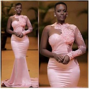 African Nigerian Black Girls Pink Mermaid Evening Dresses One Shoulder Long Sleeve Prom Dress Formal Dress Evening Gowns Abendkleider 268h