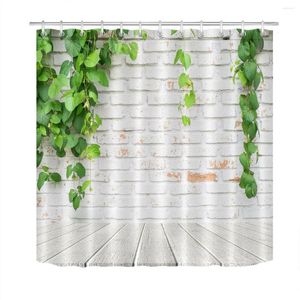 Shower Curtains White Brick Wall Green Plants Fabric Curtain Set