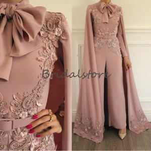 Blush Pink Dubai Abaya Evening Dresses High Neck Kaftan Muslim Prom Jumpsuit Dresses Evening Wear With Beaded Long Sleeve Formal Cape 2 213L