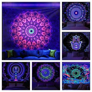 Gobelin Blacklight Mandala Tobestry Bohemian Hippie Room Decor Esthetic UV Reactive Yoga Meditation Walling Tapestrie do sypialni