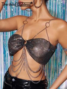 Women's Tanks Sexy Halter Rhinestone Corset Crop Top Women Summer Y2k Clothes Gothic Club Party Tank See Through Body Chain Fishnet Tops