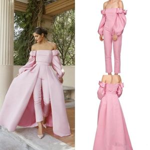 Pink Long Sleeve Prom Jumpsuit with Detachable Train Off Shoulder Puffy Long Sleeves Two Pieces Evening Dress with Pant Suit 303H