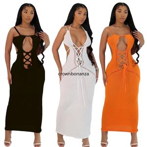 Designer sexy Maxi Kleider Sommer Frauen Spaghetti Straps Hollow Out Back Kleid Abend Party Club Tragen Sie Großhandel Kleidung