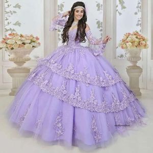 2024 seksowne sukienki Quinceanera liliowe długie rękawy ukochane koronkowe aplikacje warstwa Słodka 16 sukienka Vestidos de 15 Prezentacja Długość podłogi 0513