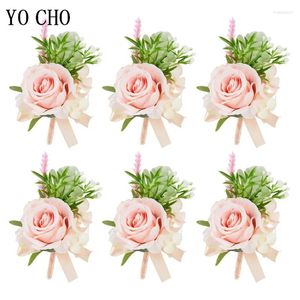 Flores decorativas Boutonniere Wrist Corsage Wedding Wedding Bridesmaid Bracelet Silk Rose Flower para festa BOUTONNIERES