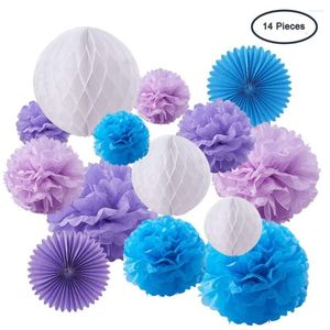 Party Decoration 14 Pieces Pompom Paper Tassels Flowers Honeycomb Balls 3 Style Purple Blue Fan Decor for Wedding Event Table