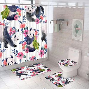Duş perdeleri komik sevimli panda perde seti hayvan suluboya çiçek kumaş çocuk çocuk banyo kaymaz banyo mat halı kapak tuvalet kapağı