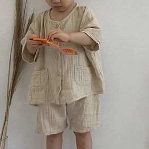 Bambini estivi in cotone in lino in cotone set ragazzi solidi camicie a maniche corte casual cortometraggi 2 pezzi abiti per bambini 240512