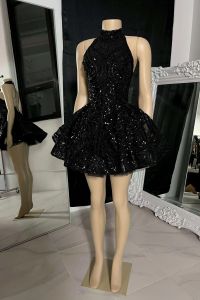 Shinny czarne cekinowe mini krótkie sukienki koktajlowe Linia kantarka szyi criss cross backless tutu spódniczka wieczorna suknia junior ukończenie studiów BC16920