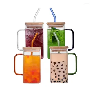 Weingläser 1 -pc -Glas mit Deckel und Stroh 17oz Iced Coffee Tasse Griff quadratische Trinkbambus geeignet für / geeignet