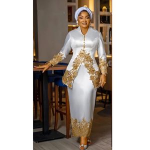 Zarif Arapça Beyaz Kılıf Gece Elbiseleri Altın Dantel Aplikler V Yağ Uzun Kollu Resmi Parti Etkinlikleri 2024 Gelin Elbisesinin Annesi