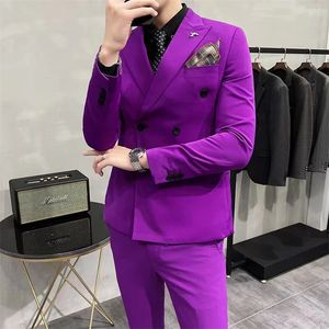 Men's Suits Blazers Fashion Men Double Breasted Plaid Suit Coat Pants 2 Pcs Set / Male Slim Fit Business Wedding Blazers Jacket Trousers #26