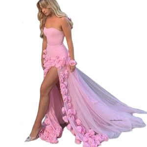 2024 Pink Sexy Mermaid Prom Dresses Sweetheart Hand Made Flowers Side Split aftonklänningar Formell klänning Sweep Train 0513
