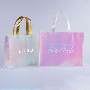 500pcs Custom Printed Metallic Shopping Tote Pink Rainbow Roadbow Rudescent Holography не тканые свадебные подарочные пакеты с гостями 240504