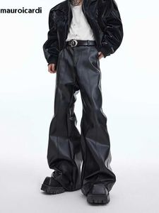 Calça masculina mauroicardi outono legal saco preto fosco preto pu de couro largo calças de pernas largas cintura emo luxo designer roupas