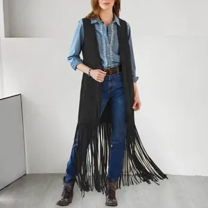 Frauenwesten Western Fransen Weste Weste BOHO-CHO-CHIC RAND 70S HIPFIE-Strickjacke mit Patch Taschen Cowboy Cosplay für Frauen