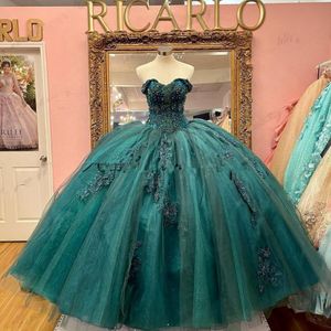 Зеленая принцесса бальный платье Quinceanera Платье с плеч Appliques кружев 3D цветы VX de Quinceanera Sweet 15 Prom Party Honeds 226H