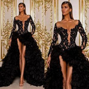 Vintage Black Arabic Aso Ebi Prom Dresses Long Sleeve Lace Beaded High Low Celebrity Evening Gowns Sexy Thigh Split Tiered Ruffles Skir 248t