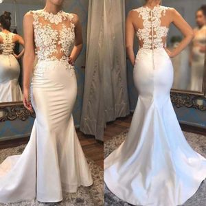 Plus -storlek elegant satin sjöjungfrun prom klänningar veck spetsar applikationer se genom svep tåg kvällsklänningar vestidos de noivas ogstuff sd3 274r