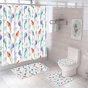 Duschgardiner akvarellpapegoja fågelgardin set icke-halk matta badmatta toalett lock täcker färgglada djur lämnar tyg badrum