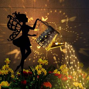 Ouddy Decor Solar Spray Can, Metal Fairy Garden Statue with Hanging Lanterns, Waterfall Lights, Silhouette Waterproof Outdoor Decoration Lawn, Courtyard, Trail,