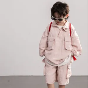 Roupas conjuntos de roupas coreanas de moda de moda de moda de chiffon conjunto crianças pullover de colarinho macio e calças de joelho 2pcs