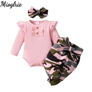 Kläderuppsättningar 3 stycken kamouflagekläder set nyfödd tjej långärmad jumpsuit+småbarn pojke vår/sommaruppsättning 0-18 månader oldl2405
