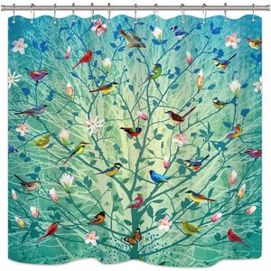 シャワーカーテンの木と鳥のカーテンパネルフラワーブルーミングフローラルグリーンピンクアートプリントビンテージカラフルなポリエステルバスルーム