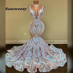 Long Sexy Prom Dresses Mermaid Sheer O-neck Black Girl African Sequin Gala Party Dress 323y