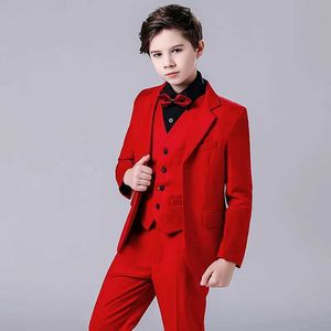 Suits Flower Boys Red Wedding Suit Kids Party Photograph Set Teenager Formal Birthday Tuxedo Dress Children Graduation Show Costume