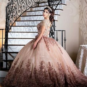 Vestidos de 15 A OS 2021 Scoop Neck Tassel Pärled Quinceanera Dresses Rose Gold Applique Keyhole Back Ball Sweet 16 Prom Gowns 268y