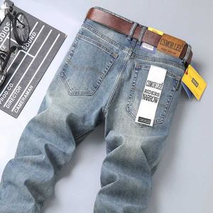 Märke mens jeans sommar tunn fit raka elastiska byxor aska
