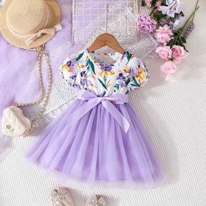 Girl's Dresses Dress For Kids 1-6 Years old Birthday Lace Puff Sleeve Cute Floral Purple Tulle Princess Formal Dresses Ootd For Baby GirlL2405