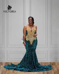 Emerald Green Pequin Gold Strasson Long Prom Kleider für schwarze Mädchen afrikanische Meereszeitparty Kleid Vestido de Gala