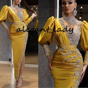 Ankle-length Arabic Evening Formal Dresses 2023 Sparkly Crystal Beaded Lace High Neck Long Sleeve Sexy Slit Occasion Prom Dress 226K