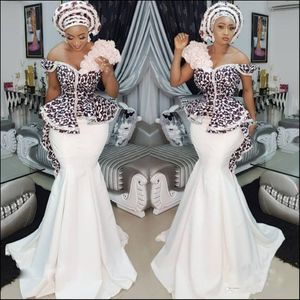 Nigerian Stylish Aso Ebi Mermaid Evening Dresses Sexy Off Shoulder Lace Applique Peplum Dubai Party Dresses Glamorous Satin long prom d 306C