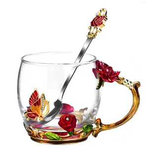 Canecas 330ml Drinkware Copo de chá transparente Rosas vermelhas colher caneca caneca artesanal de aniversário de vidro de vidro Butterfly Decorative Mom esposa