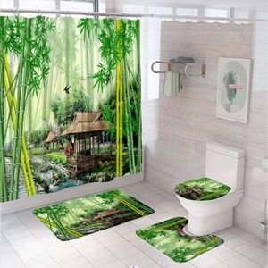 Cortinas de chuveiro cenário florestal de bambu cenário de banheiro conjunto cortina não deslizamento banheiro tampa tampa da tampa da tampa de vaso verde Fazenda de fazenda pássaro