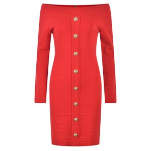 2024 Autumn Red Solid Color Dress Long Sleeve Slash Neck -knappar Korta avslappnade klänningar Y4W092211M