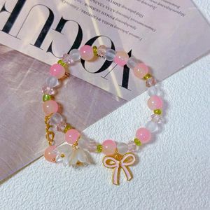 Link Bracelets Design Sense Sweet Pink Lily Flower Beaded Bracelet For Women Fashion Cute Bow Tassel Pendant Aesthetic Jewelry Gifts