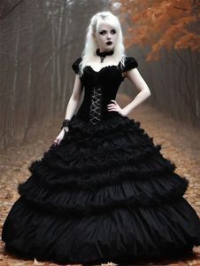 Black Gothic Ball Gown Wedding Dresses Tiers Floor Length Corset Vintage Bridal Gowns Off The Shoulder Sweetheart Neck Medieval Princess Party Events Dress