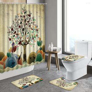 Cortinas de chuveiro Desenho de desenho animado Árvore dos alces banheiros de pássaro cenário de flor de tronco paisagem