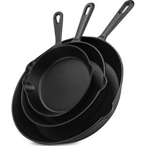 Utopia Kitchen Saute Fry Fry Switchet pre-stagione Padella a 3 pezzi-Set di ghisa da 6 pollici, 8 e 10 pollici (nero)